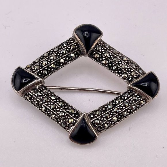 Sterling Silver SU 925 Genuine Onyx Marcasite Brooch Geometric Art Deco Revival - Picture 6 of 6